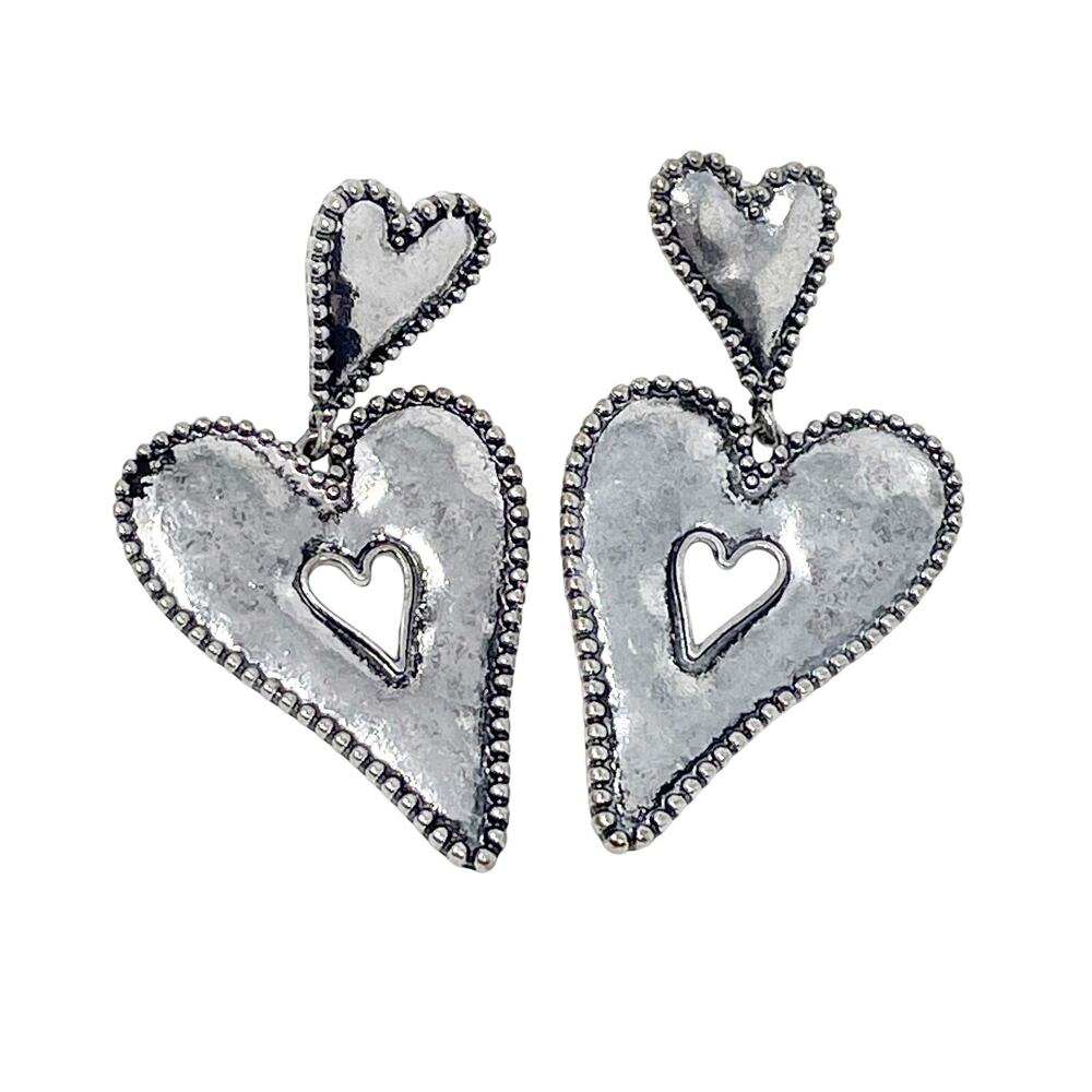 Modern Silver Tone Rustic Double Heart Earrings Hammered Metal Western‎ Country